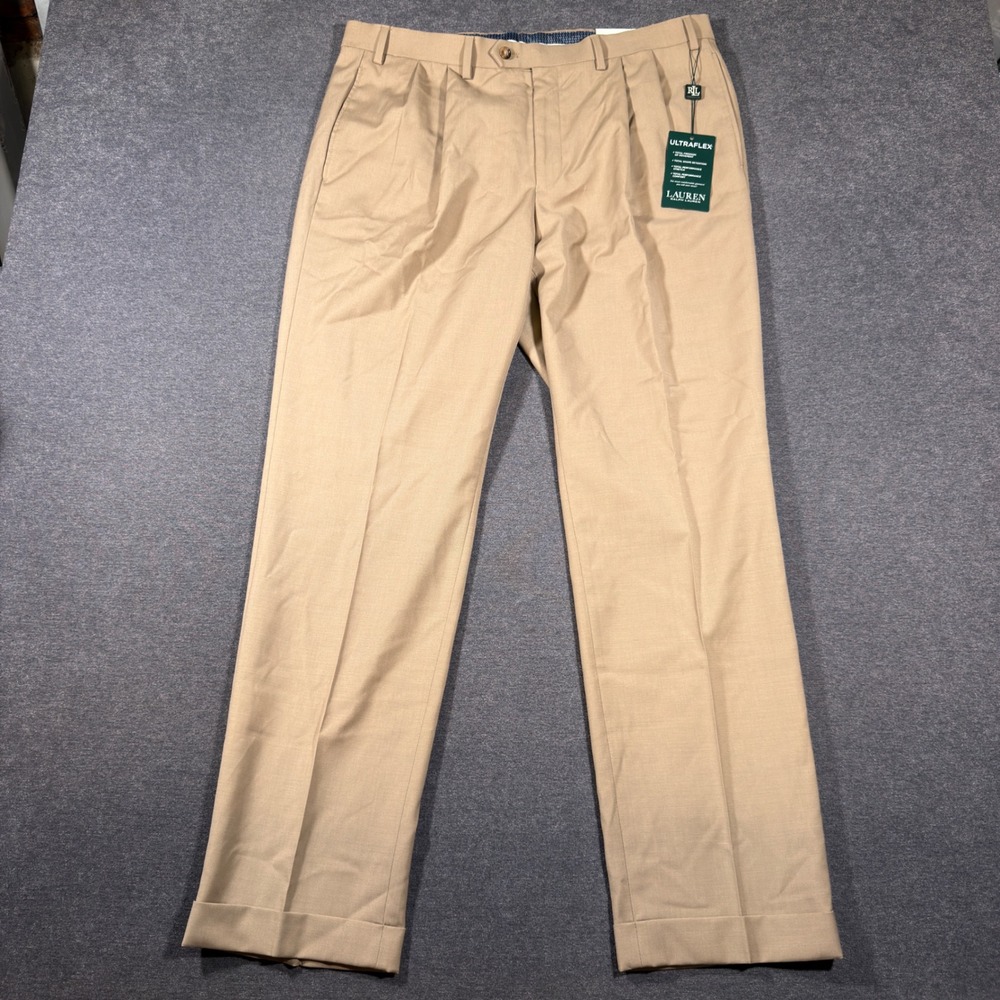 Lauren Ralph Lauren Dress Pants Mens 36x32 Tan Wool Pleated Cuffed Academia